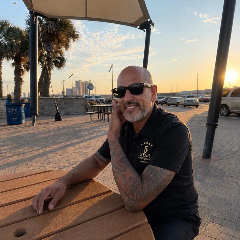 The owner of 5 Star Mobile Detailing in a 5 Star polo, smiling at sunset